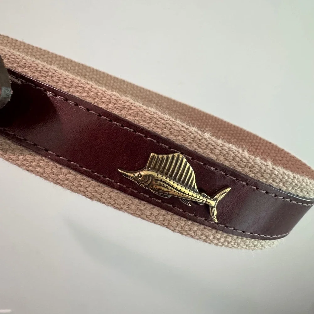 Brighton Nautical Canvas Leather Belt Brass Marlin Tuna‎ Fish  Brown Tan 44
